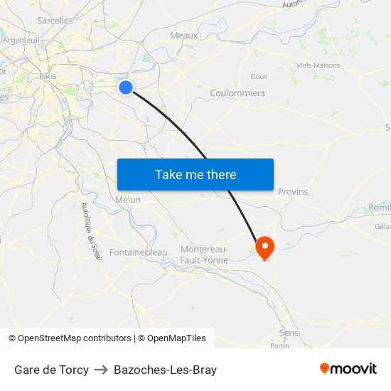 Gare de Torcy to Bazoches-Les-Bray map