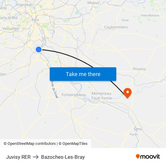 Juvisy RER to Bazoches-Les-Bray map