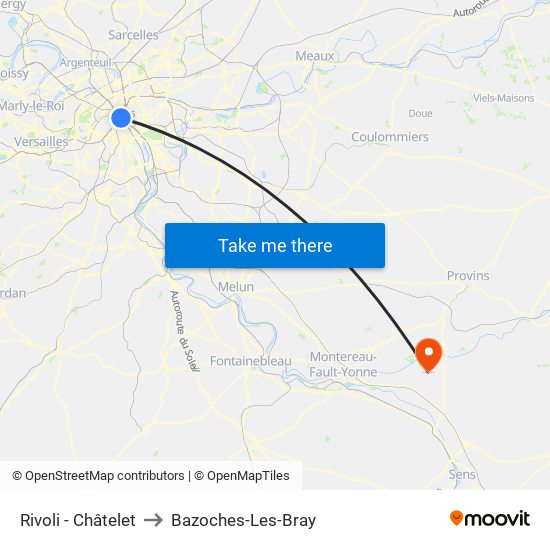 Rivoli - Châtelet to Bazoches-Les-Bray map