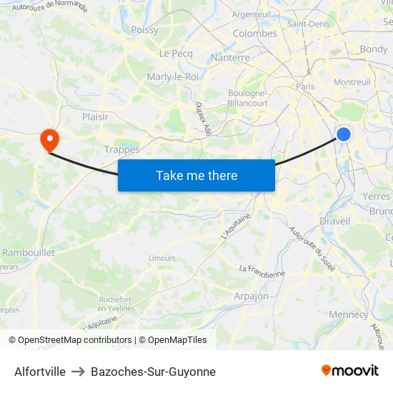 Alfortville to Bazoches-Sur-Guyonne map
