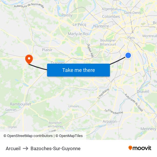 Arcueil to Bazoches-Sur-Guyonne map
