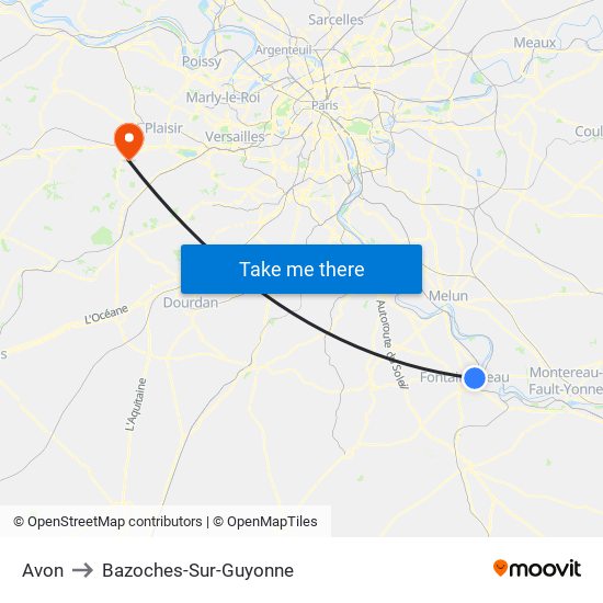 Avon to Bazoches-Sur-Guyonne map