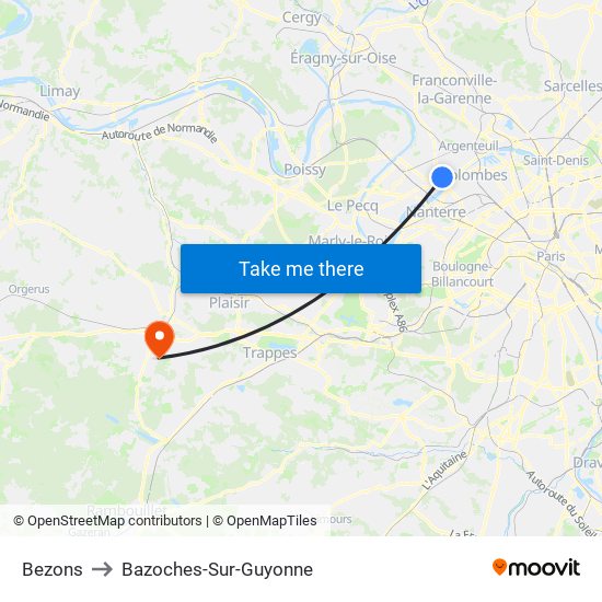 Bezons to Bazoches-Sur-Guyonne map