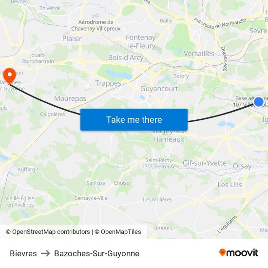 Bievres to Bazoches-Sur-Guyonne map