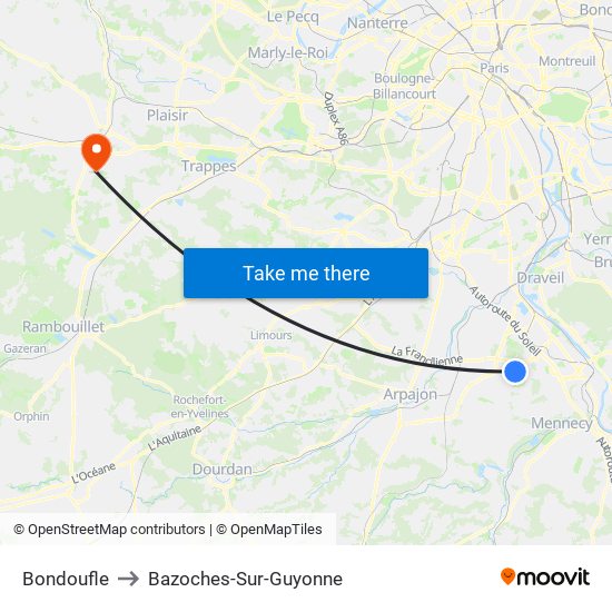 Bondoufle to Bazoches-Sur-Guyonne map