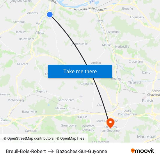 Breuil-Bois-Robert to Bazoches-Sur-Guyonne map