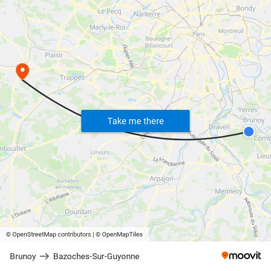 Brunoy to Bazoches-Sur-Guyonne map