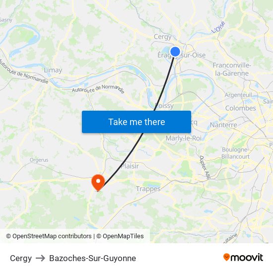Cergy to Bazoches-Sur-Guyonne map