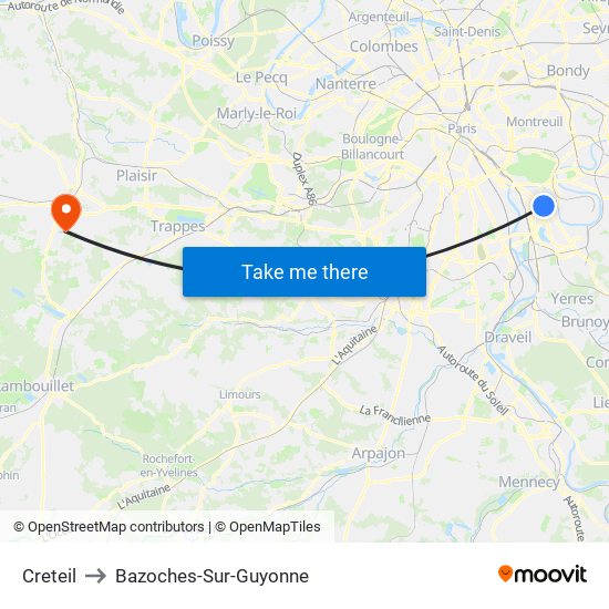 Creteil to Bazoches-Sur-Guyonne map