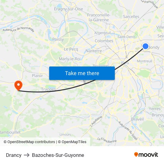 Drancy to Bazoches-Sur-Guyonne map