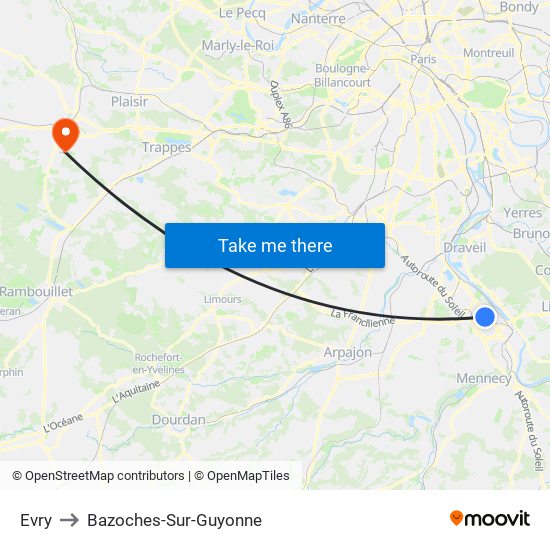 Evry to Bazoches-Sur-Guyonne map