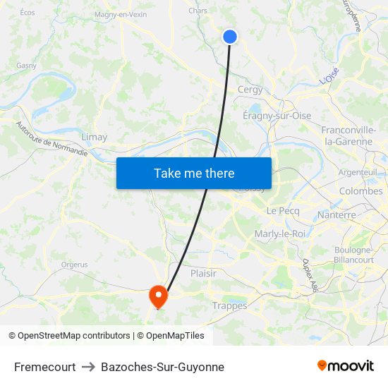 Fremecourt to Bazoches-Sur-Guyonne map
