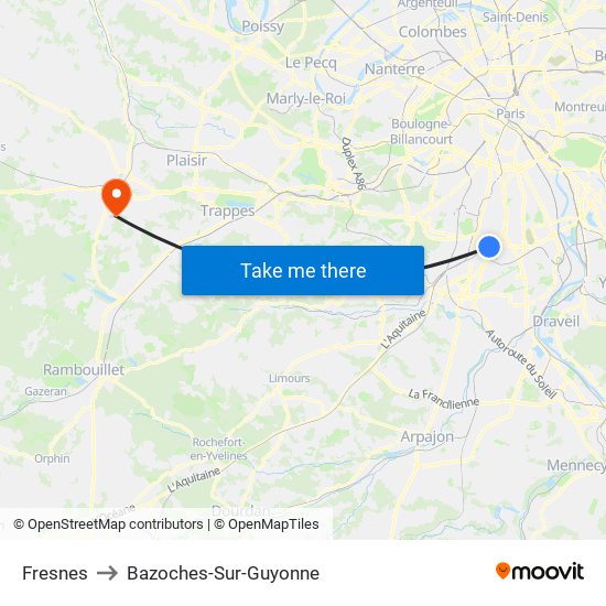 Fresnes to Bazoches-Sur-Guyonne map