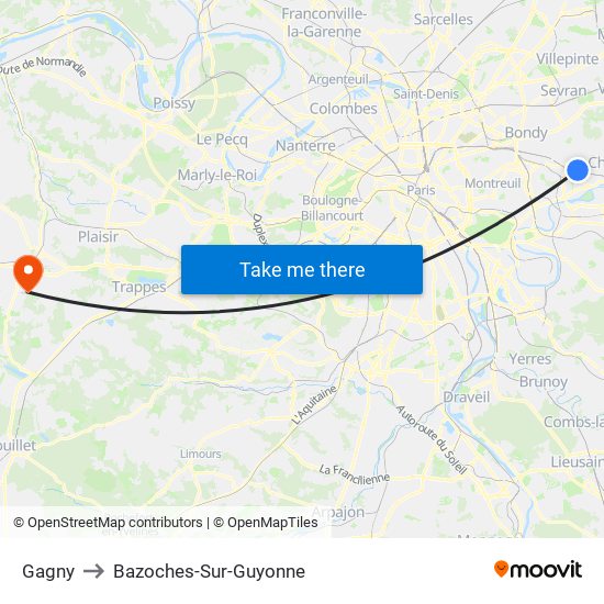 Gagny to Bazoches-Sur-Guyonne map