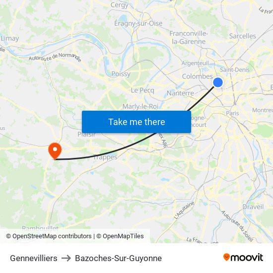 Gennevilliers to Bazoches-Sur-Guyonne map