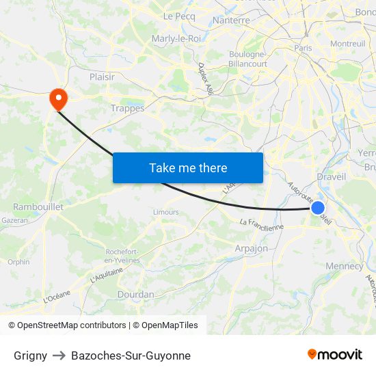 Grigny to Bazoches-Sur-Guyonne map