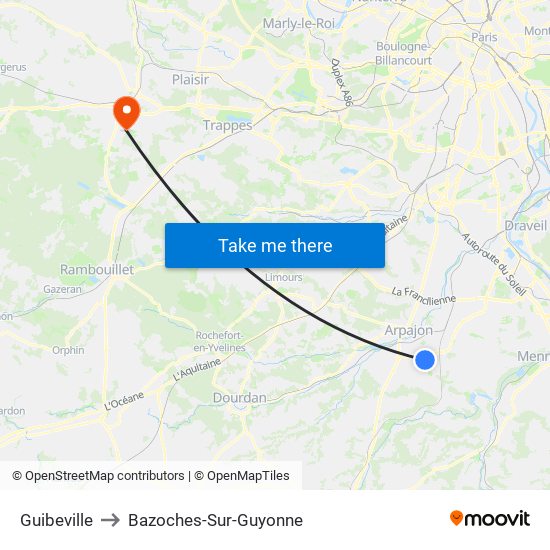 Guibeville to Bazoches-Sur-Guyonne map