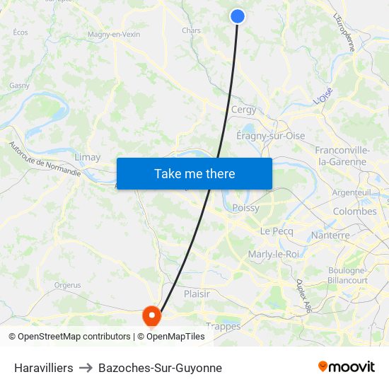 Haravilliers to Bazoches-Sur-Guyonne map