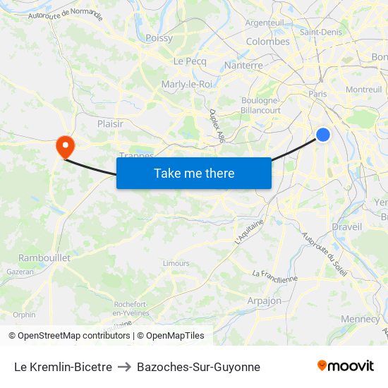 Le Kremlin-Bicetre to Bazoches-Sur-Guyonne map