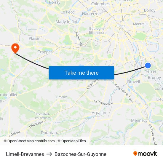 Limeil-Brevannes to Bazoches-Sur-Guyonne map
