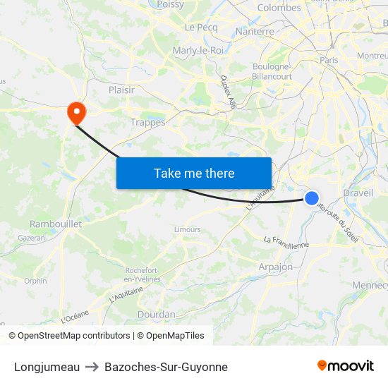 Longjumeau to Bazoches-Sur-Guyonne map