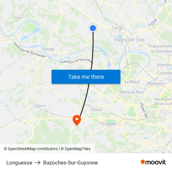Longuesse to Bazoches-Sur-Guyonne map