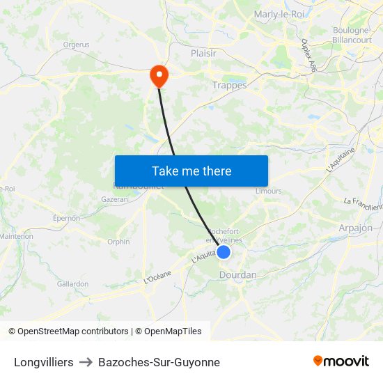 Longvilliers to Bazoches-Sur-Guyonne map