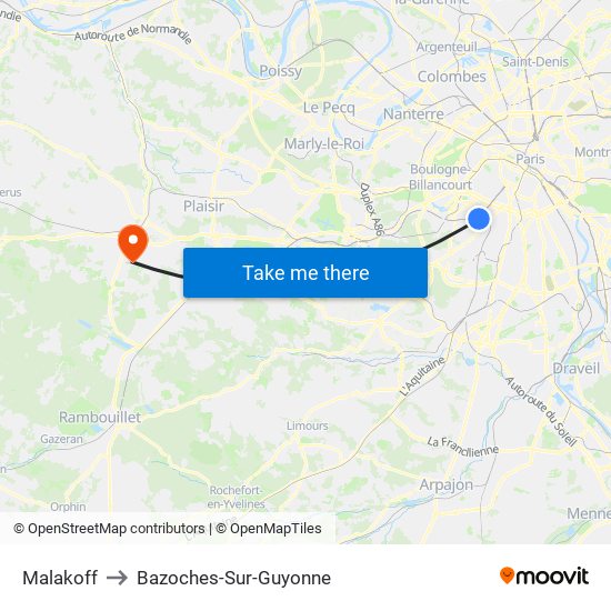 Malakoff to Bazoches-Sur-Guyonne map