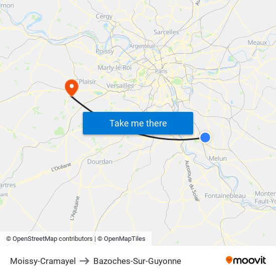 Moissy-Cramayel to Bazoches-Sur-Guyonne map