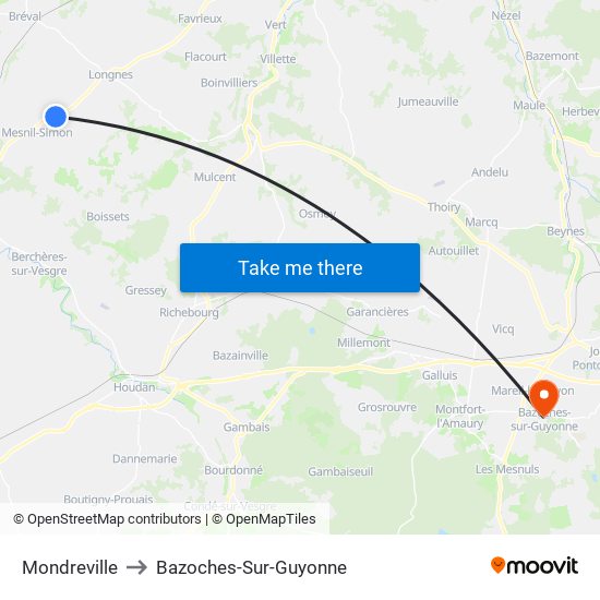 Mondreville to Bazoches-Sur-Guyonne map