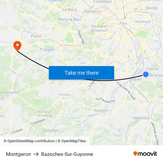 Montgeron to Bazoches-Sur-Guyonne map