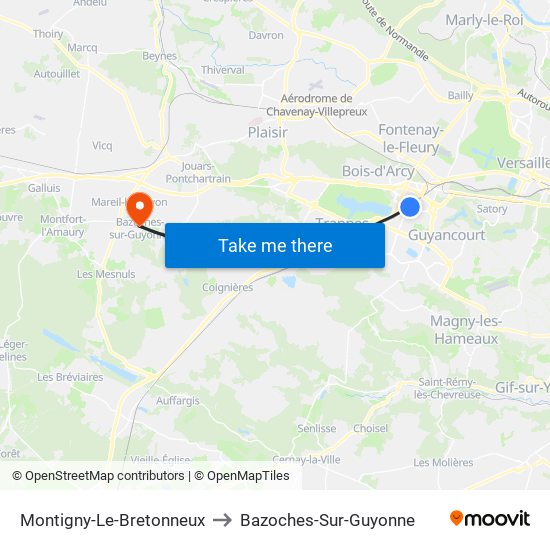 Montigny-Le-Bretonneux to Bazoches-Sur-Guyonne map