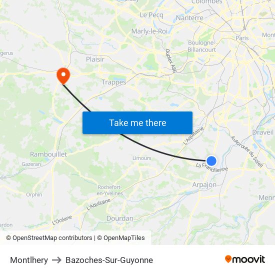 Montlhery to Bazoches-Sur-Guyonne map