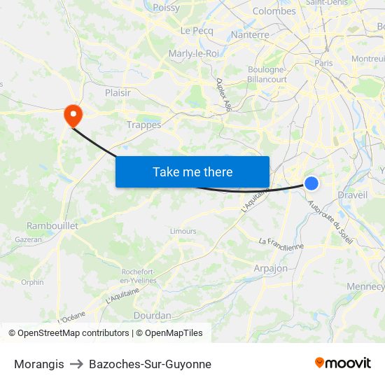 Morangis to Bazoches-Sur-Guyonne map