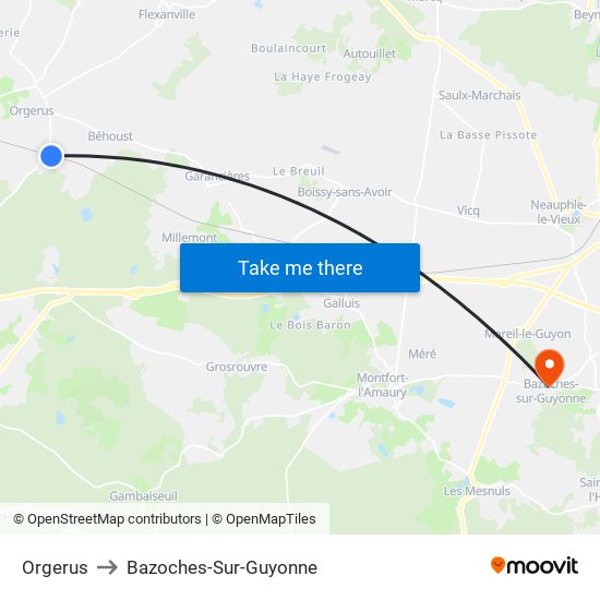 Orgerus to Bazoches-Sur-Guyonne map