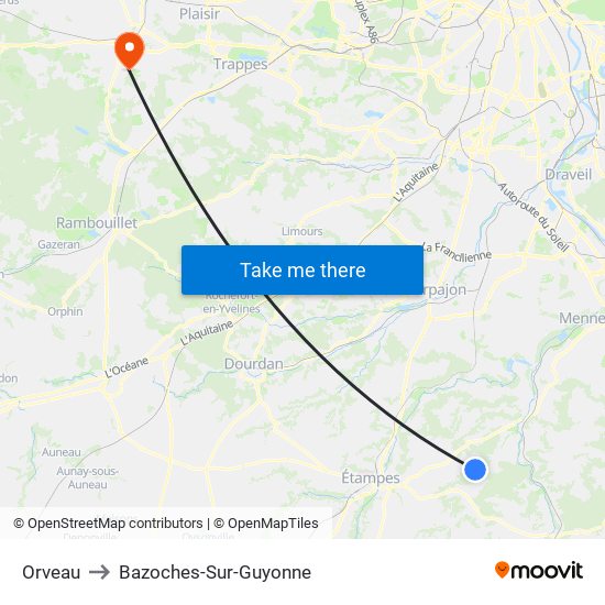 Orveau to Bazoches-Sur-Guyonne map