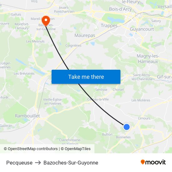 Pecqueuse to Bazoches-Sur-Guyonne map