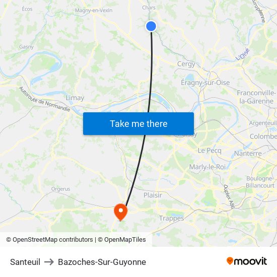 Santeuil to Bazoches-Sur-Guyonne map