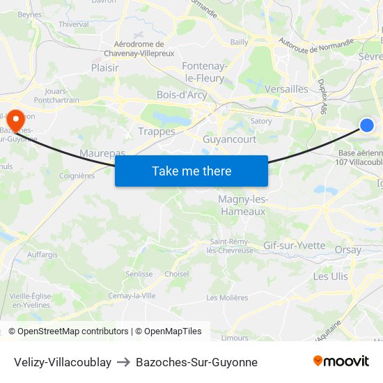 Velizy-Villacoublay to Bazoches-Sur-Guyonne map