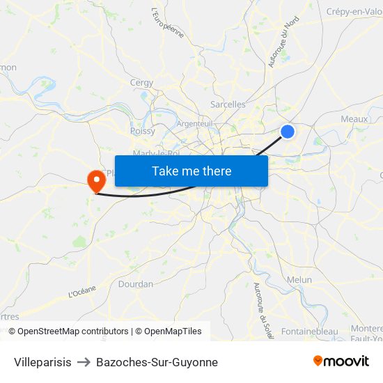 Villeparisis to Bazoches-Sur-Guyonne map