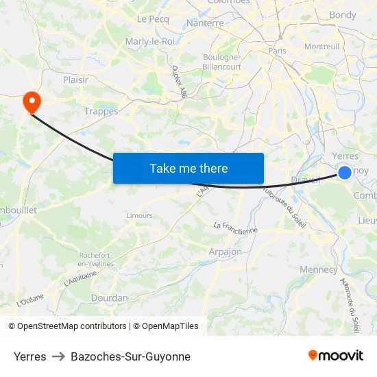Yerres to Bazoches-Sur-Guyonne map