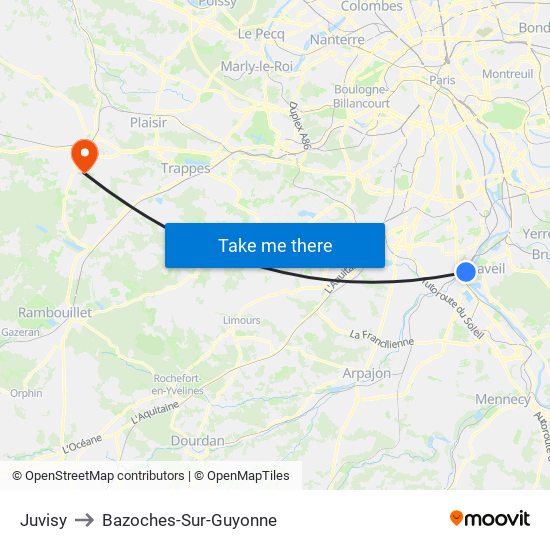 Juvisy to Bazoches-Sur-Guyonne map