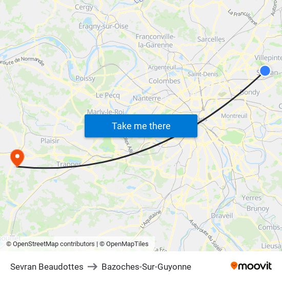 Sevran Beaudottes to Bazoches-Sur-Guyonne map