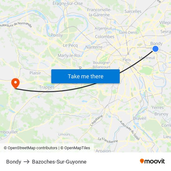 Bondy to Bazoches-Sur-Guyonne map