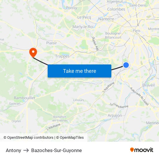 Antony to Bazoches-Sur-Guyonne map