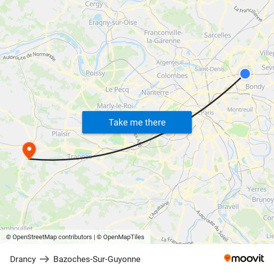 Drancy to Bazoches-Sur-Guyonne map
