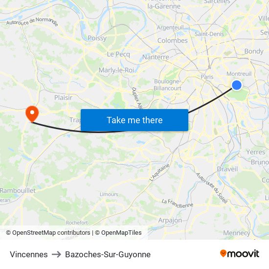 Vincennes to Bazoches-Sur-Guyonne map