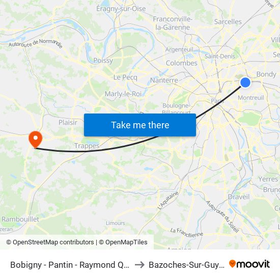 Bobigny - Pantin - Raymond Queneau to Bazoches-Sur-Guyonne map