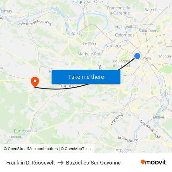Franklin D. Roosevelt to Bazoches-Sur-Guyonne map