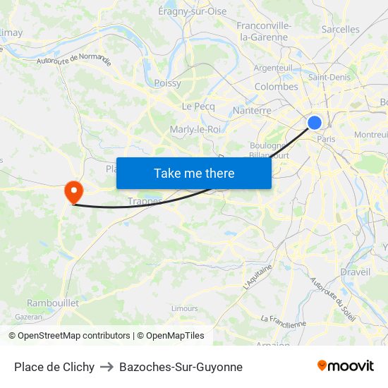 Place de Clichy to Bazoches-Sur-Guyonne map